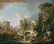 Francois Boucher River Landscape with Ruin and Bridge oil painting reproduction
